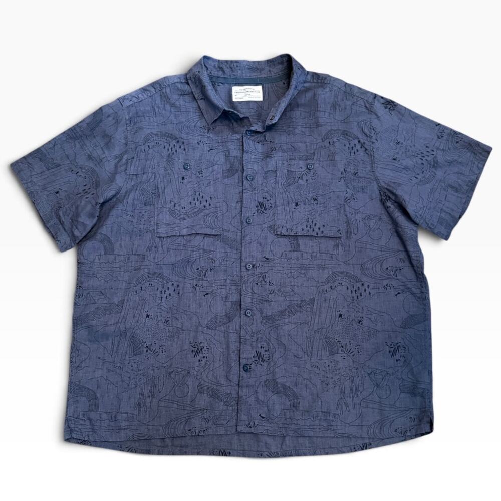 REI Co-Op Westerlands Hemp Cotton Topography Button Down Shirt Blue XXL
